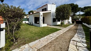 A modern two-story house with a stone pathway leading to the entrance.