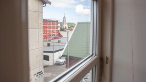 A view through a window of a building with a green roof and a red building in the background.