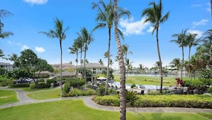 A resort with a swimming pool, palm trees, and a well-maintained lawn.