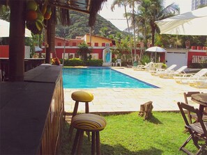Outdoor pool, pool umbrellas, pool loungers