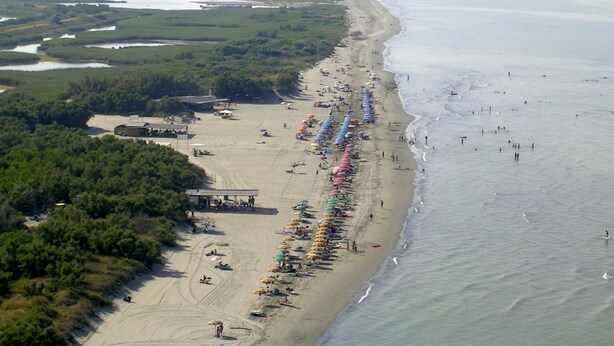 Vista aerea di una spiaggia con file di ombrelloni e persone.