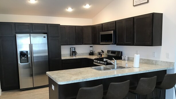 A modern kitchen with dark cabinets, stainless steel appliances, and a bar area with stools. - CHARMING 2 BDRM 2 BATH Sm Dog Friendly Patio Villa w/FREE WIFI (The Villages)