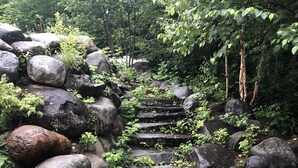 Un escalier en pierre, entouré de gros rochers et de verdure.