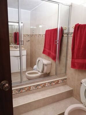 Căn hộ | Phòng tắm | Buồng tắm vòi sen, khăn tắm, xà phòng, giấy vệ sinh 