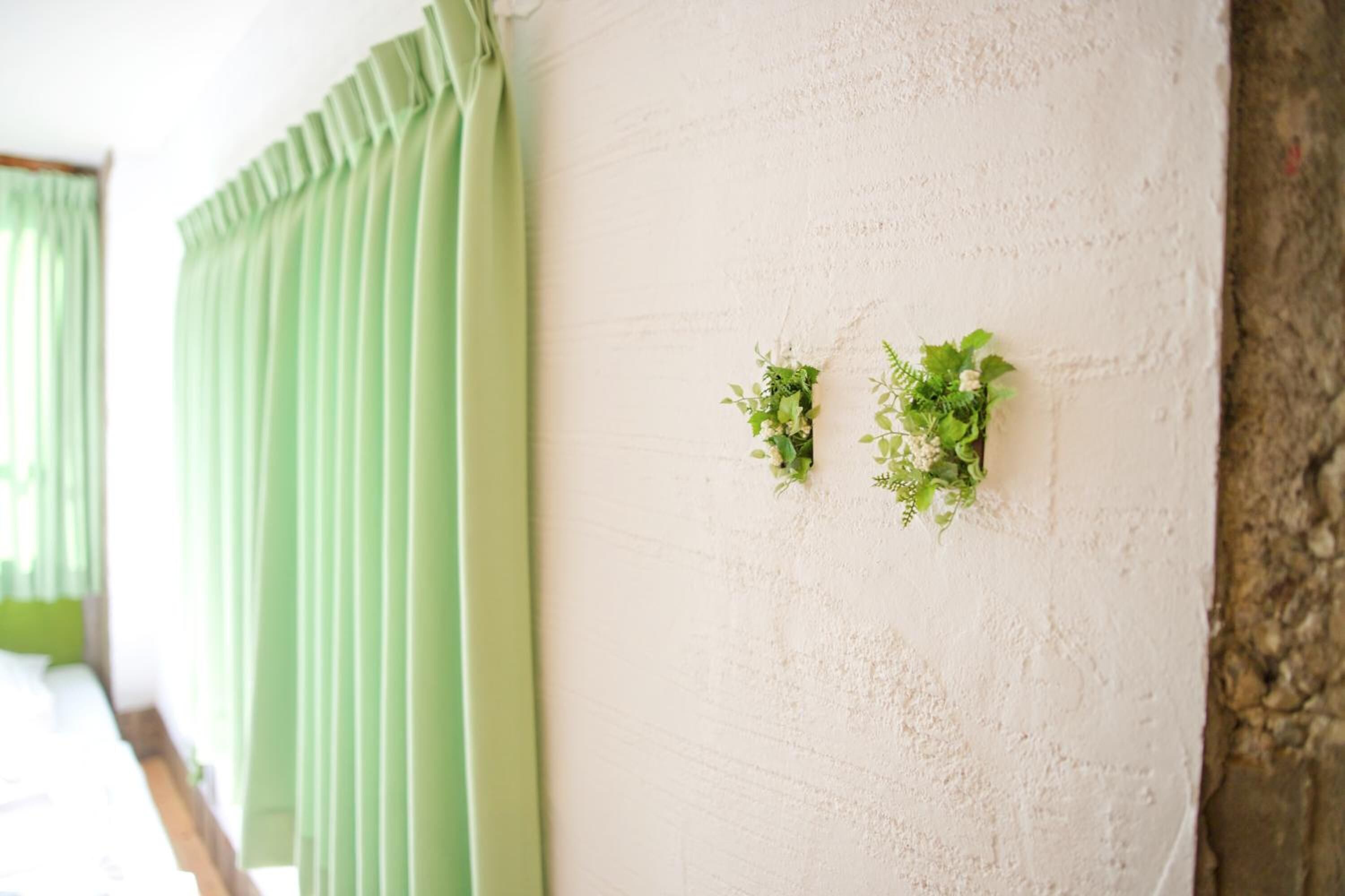 Una habitación con pared blanca texturizada, una cortina verde y dos pequeñas plantas verdes en la pared.