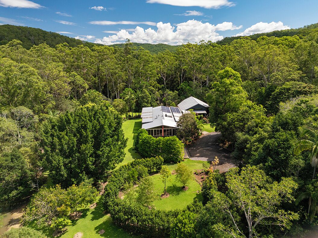 A house surrounded by dense forest with a well-maintained lawn and a driveway leading to the entrance.
