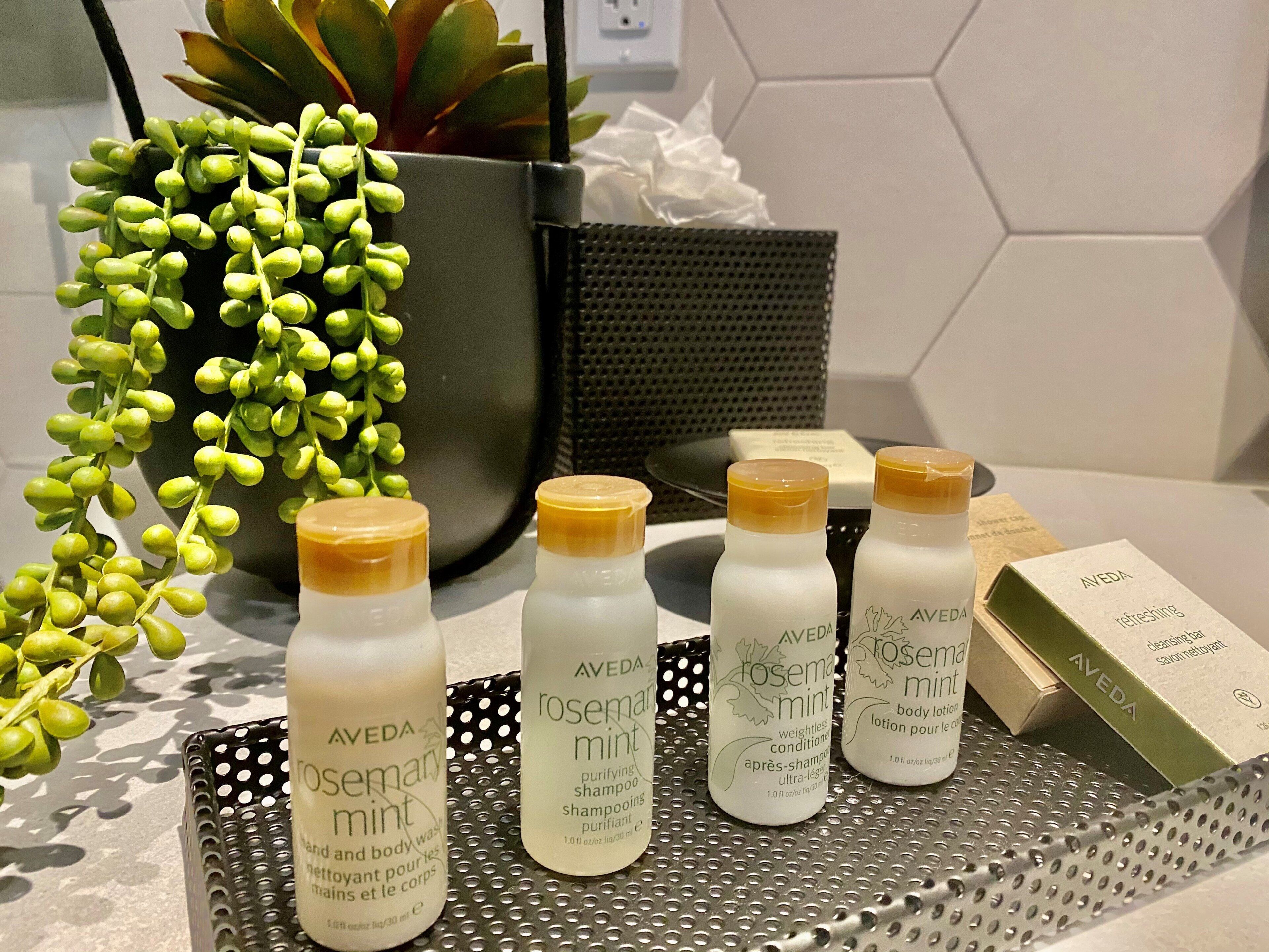 A bathroom counter with Aveda body care products, a potted plant, and a tissue box.