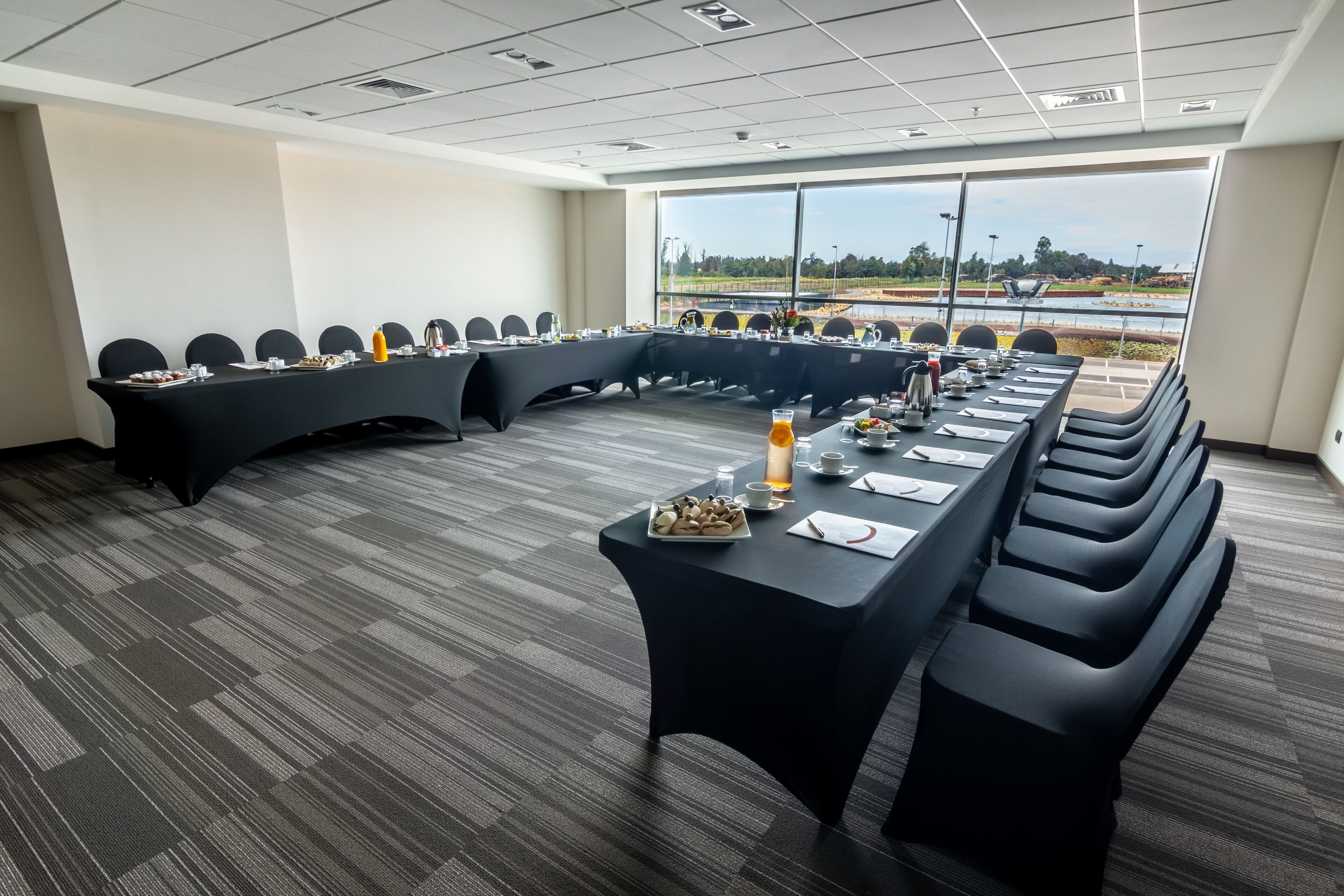 Un salón de conferencias con una larga mesa, sillas negras y vistas a un viñedo a través de amplias ventanas.