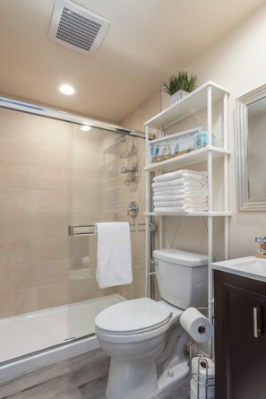 Hair dryer, towels, soap, shampoo