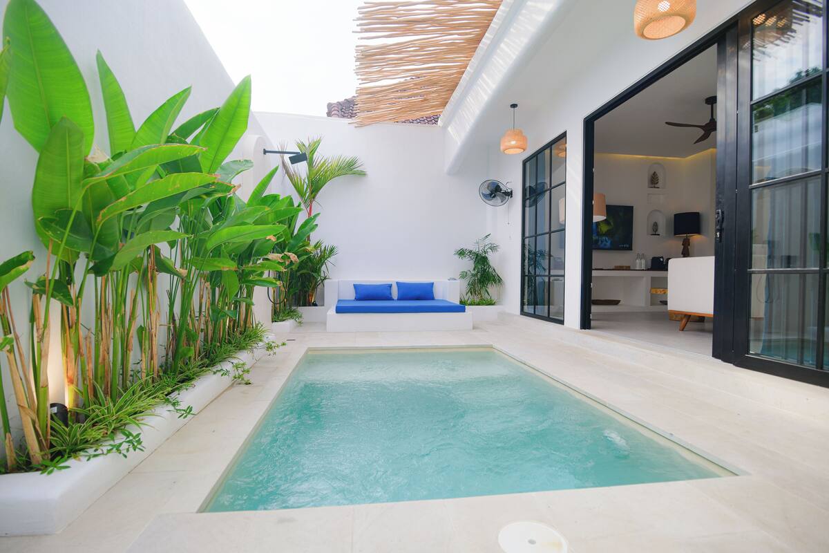Un espace piscine extérieur moderne, avec un canapé bleu, entouré d’une végétation luxuriante et d’un mur blanc.
