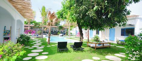 Un área junto a la piscina con dos sillas reclinables, un banco de madera y un árbol con frutos verdes.