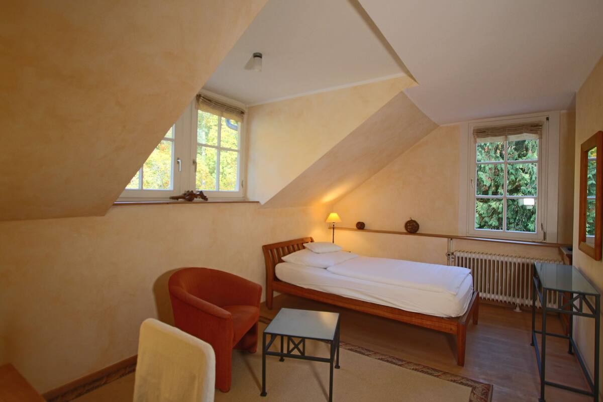 Une chambre avec un plafond en pente, un lit simple, une chaise, une petite table et deux fenêtres.