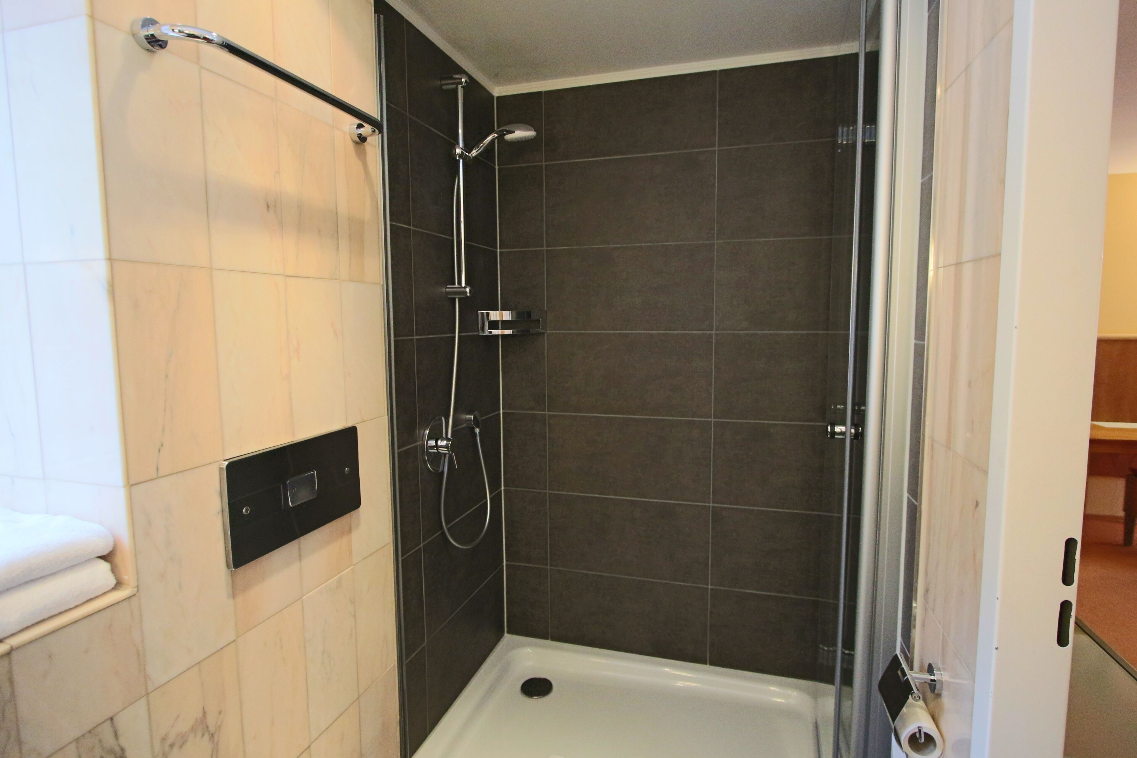 A shower area with a glass door, a handheld showerhead, and a control panel.