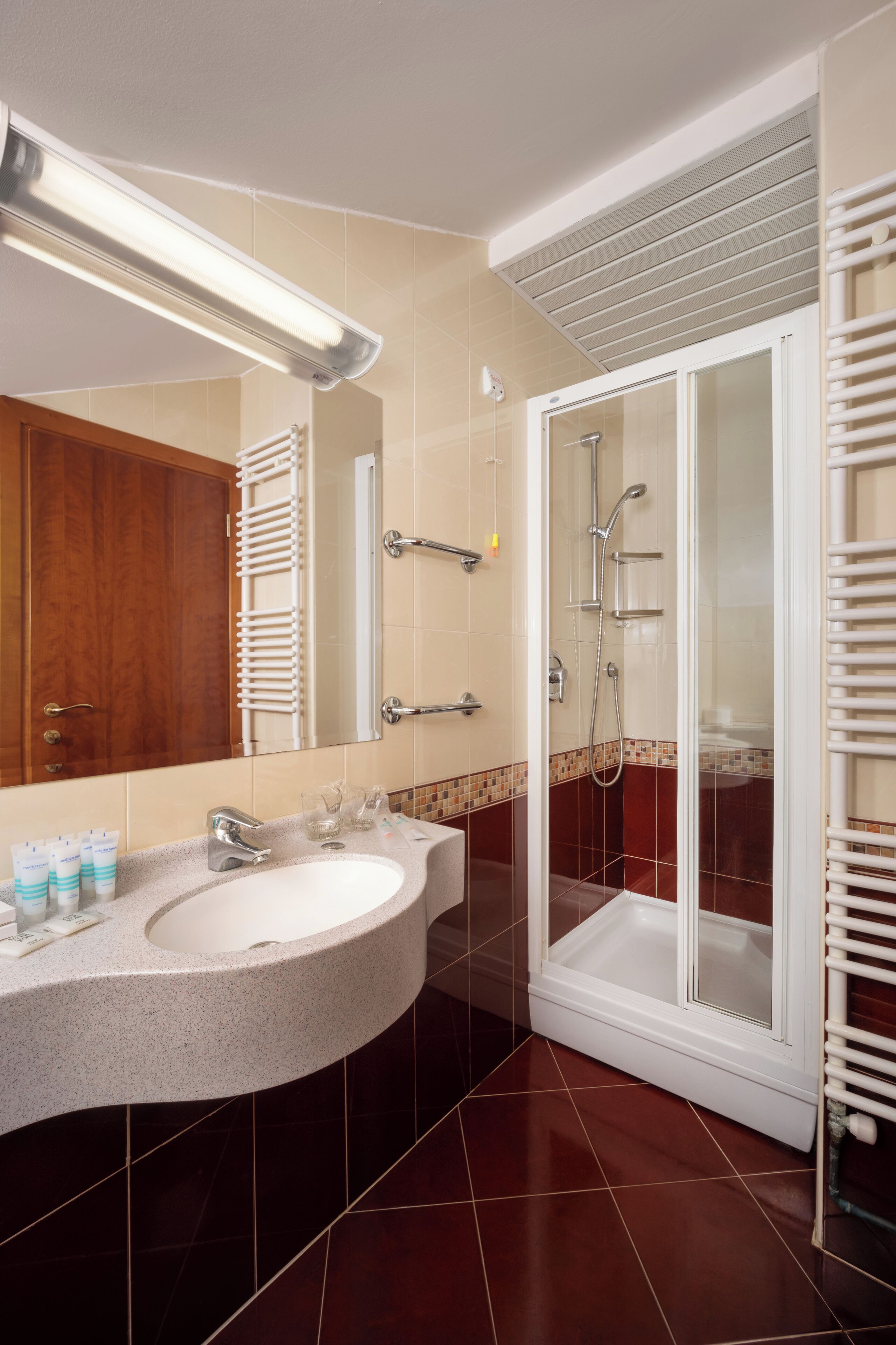 Une salle de bain équipée d’un lavabo, d’un miroir, d’une douche et d’un porte-serviettes.
