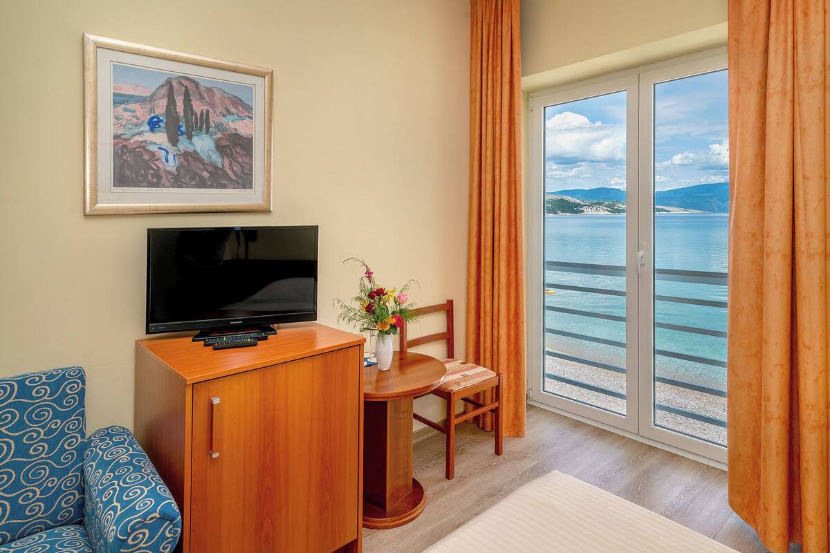 A room with a TV, a dining table with a chair, a sofa, a window with curtains, and a framed picture on the wall.