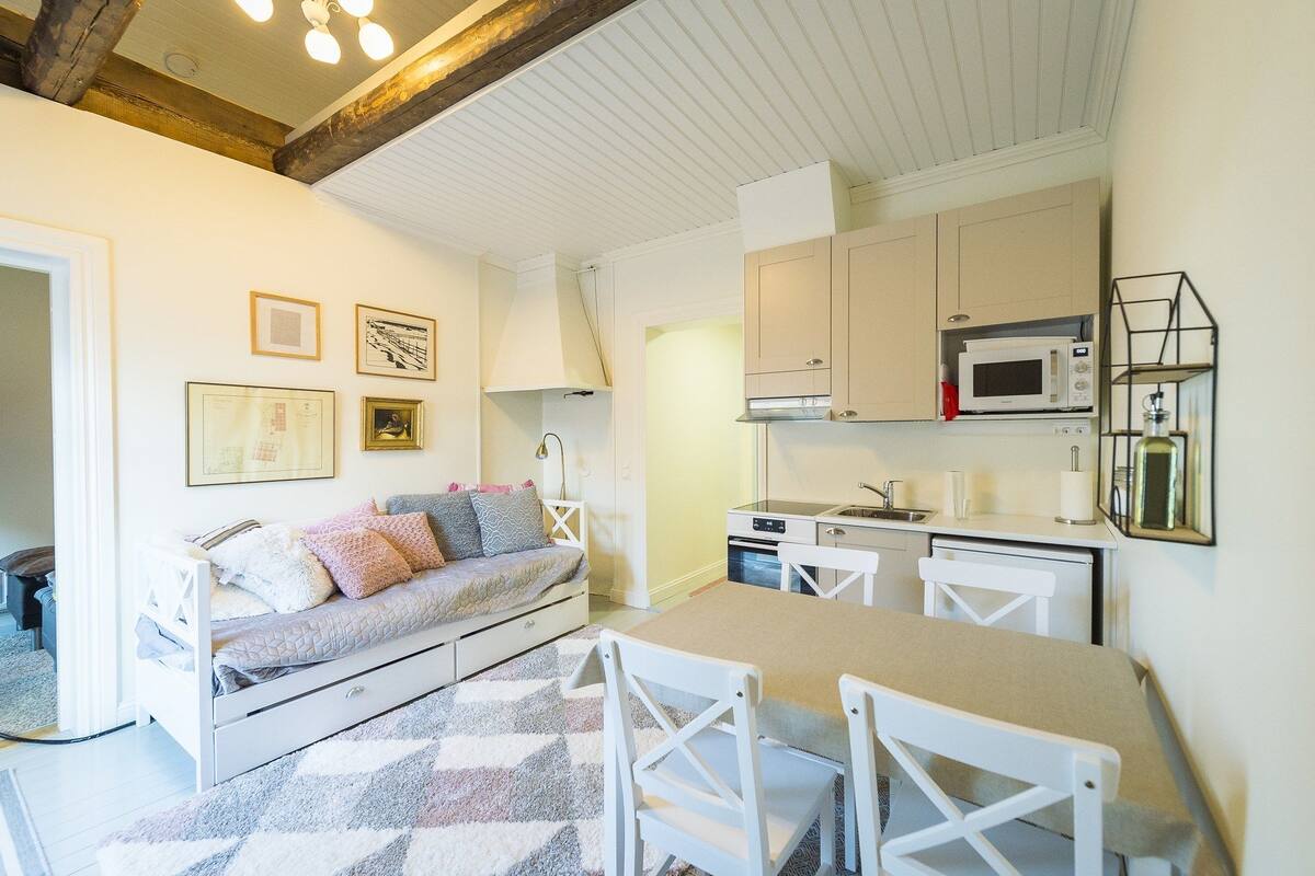 A compact living space with a kitchenette, a sofa with cushions, a dining table with chairs, and a patterned rug.