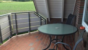 Un patio couvert comprenant une table ronde en verre et deux chaises en métal, un sol en briques et une vue sur un champ verdoyant.