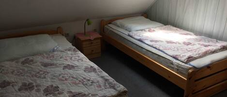 A small, dimly lit room with two wooden beds, a nightstand, and a skylight.