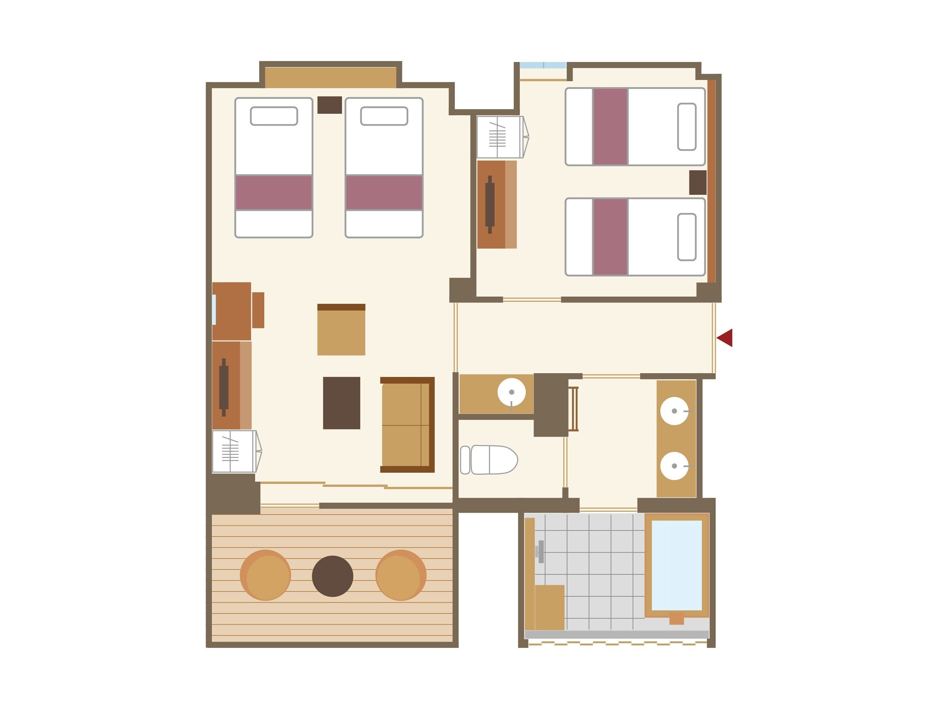 A hotel room layout with two bedrooms, a bathroom, a kitchen, and a living area.
