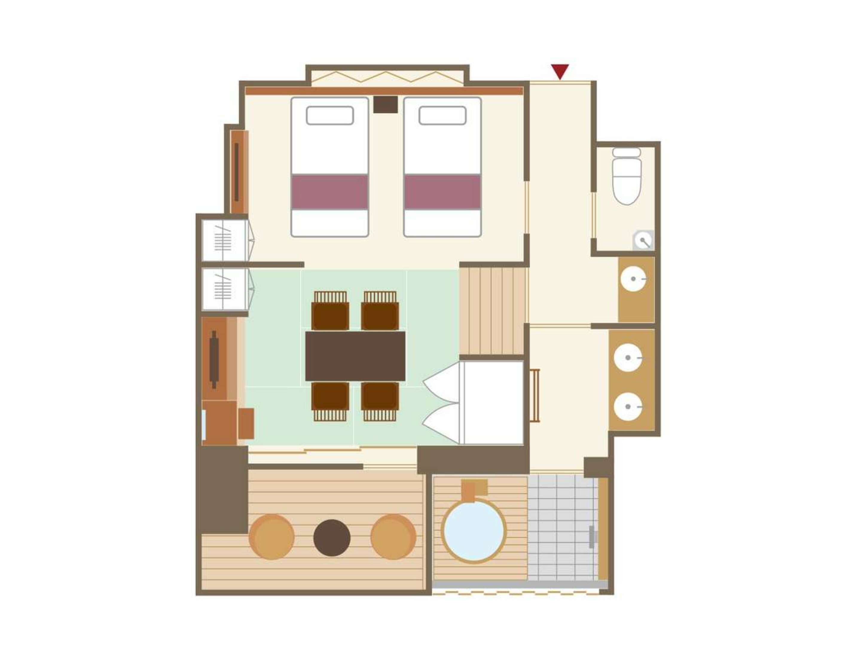 A hotel room layout with two beds, a dining area, a kitchen, and a bathroom.
