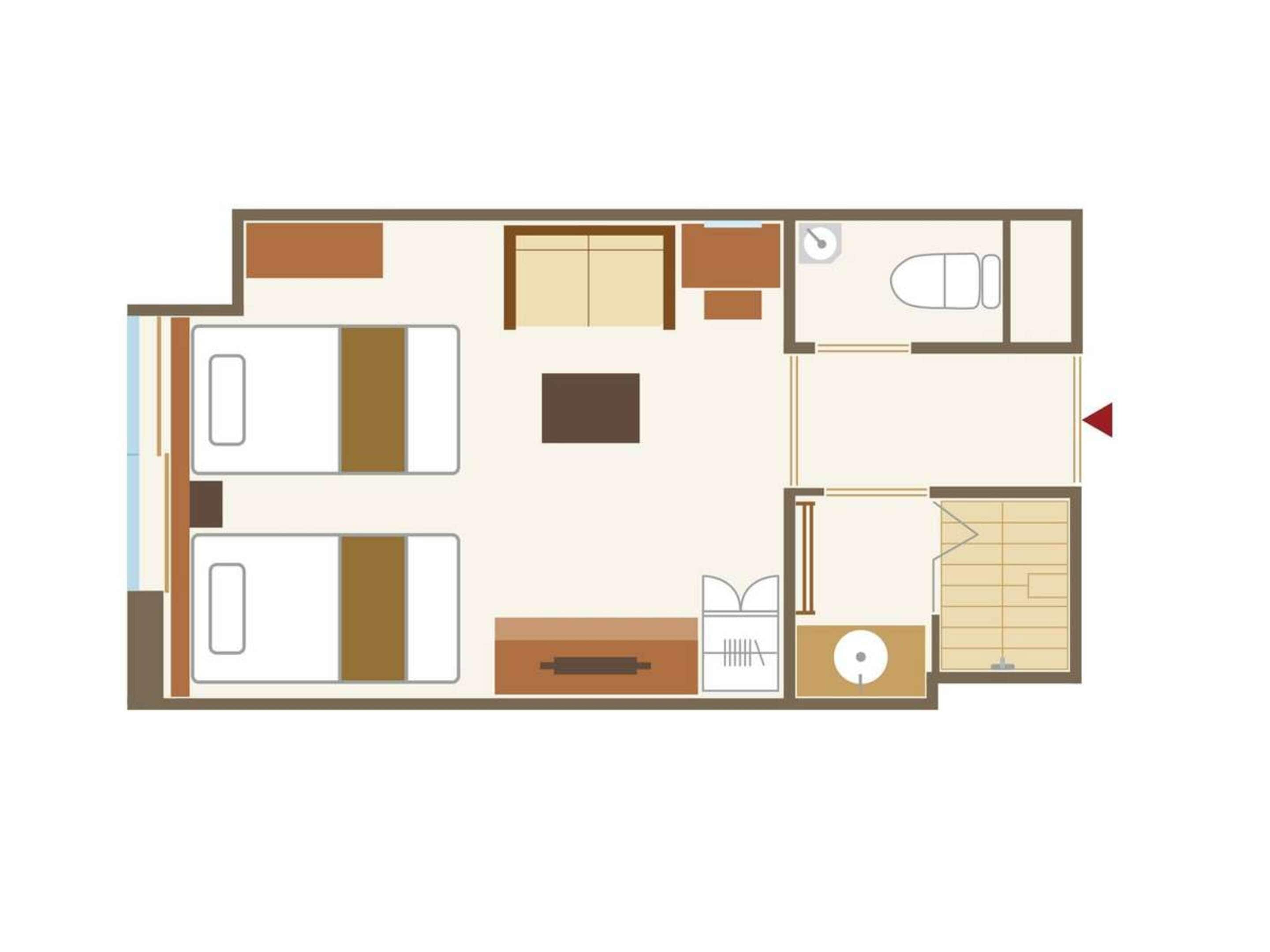 Une chambre d’hôtel comprenant deux lits, une salle de bain, un coin salon et une petite kitchenette.