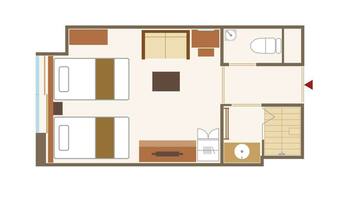 A hotel room layout with two beds, a bathroom, a sitting area, and a small kitchenette.