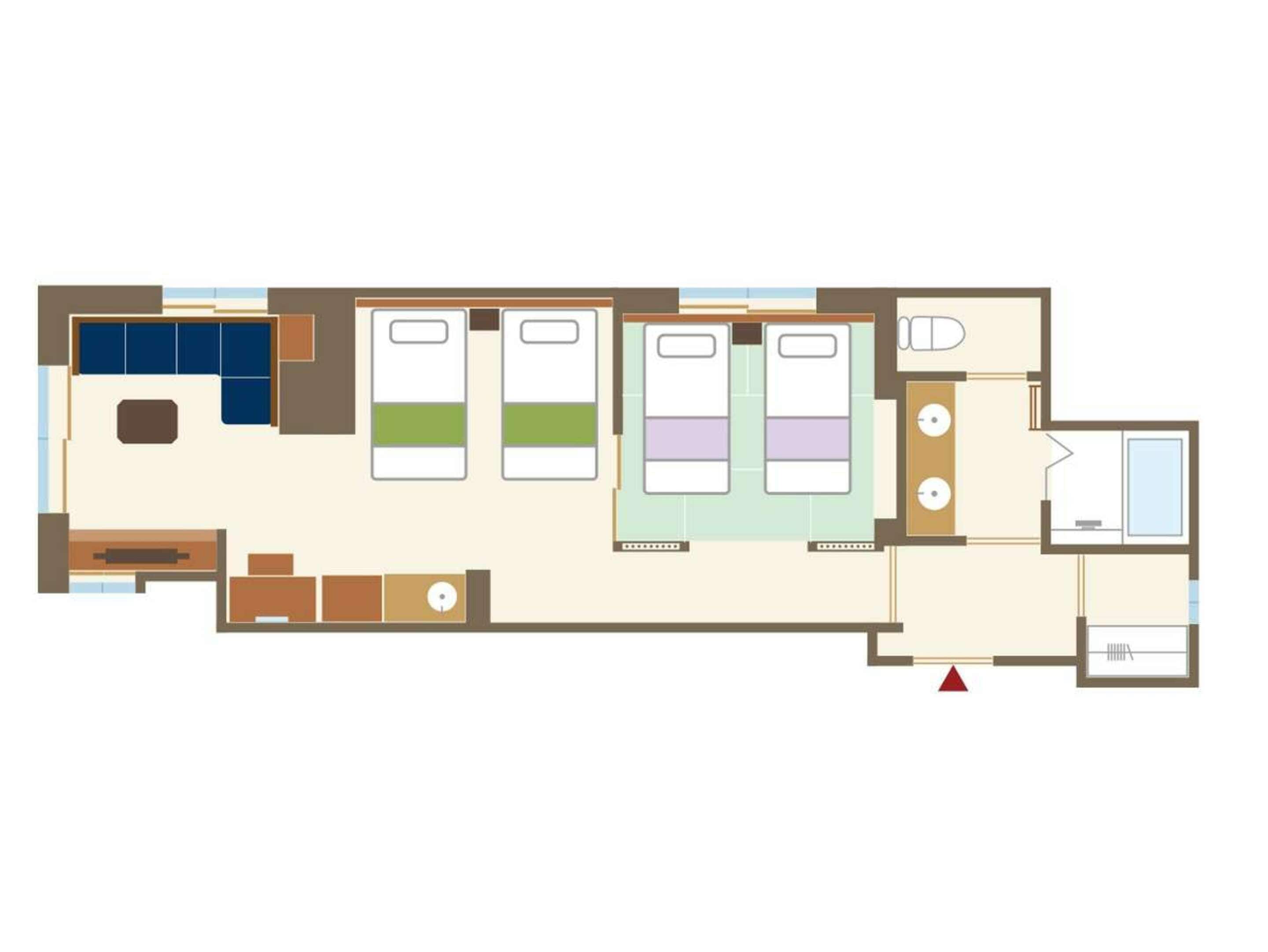 Distribución de una habitación de hotel con sala de estar, dos dormitorios, un baño y una kitchenette.