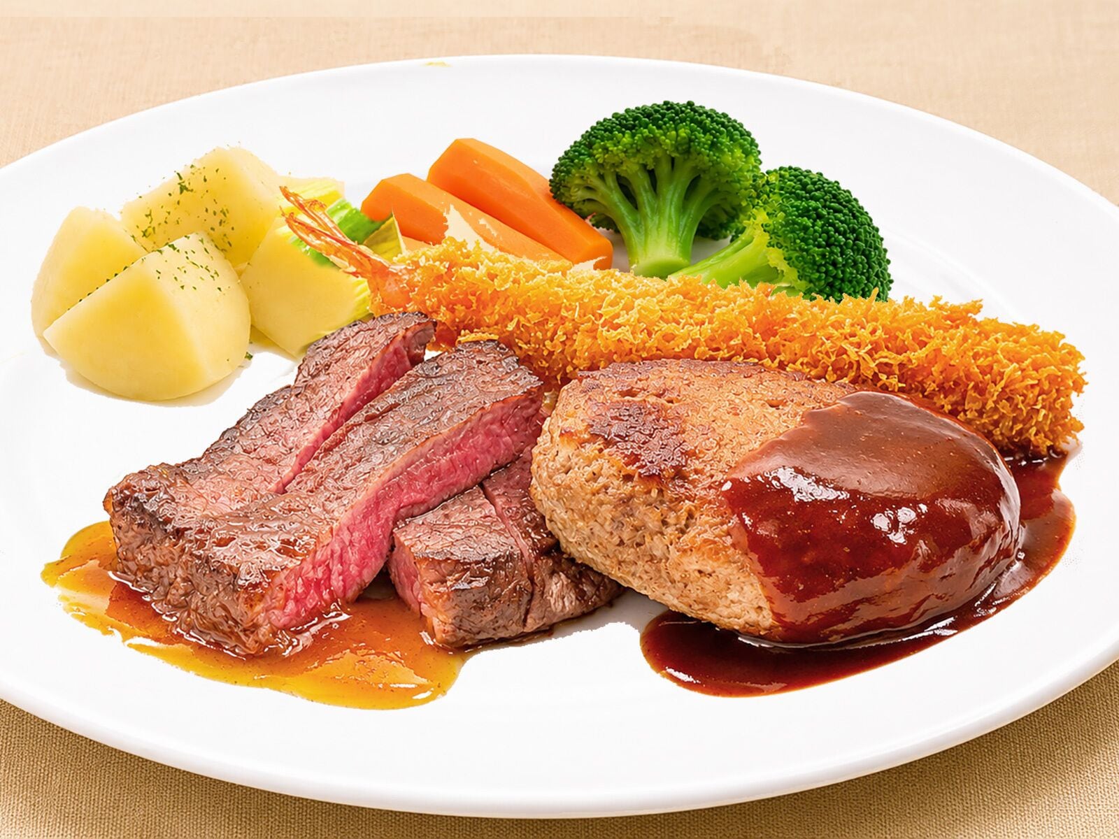A plate with sliced meat, mashed potatoes, carrots, broccoli, and a side of rice.