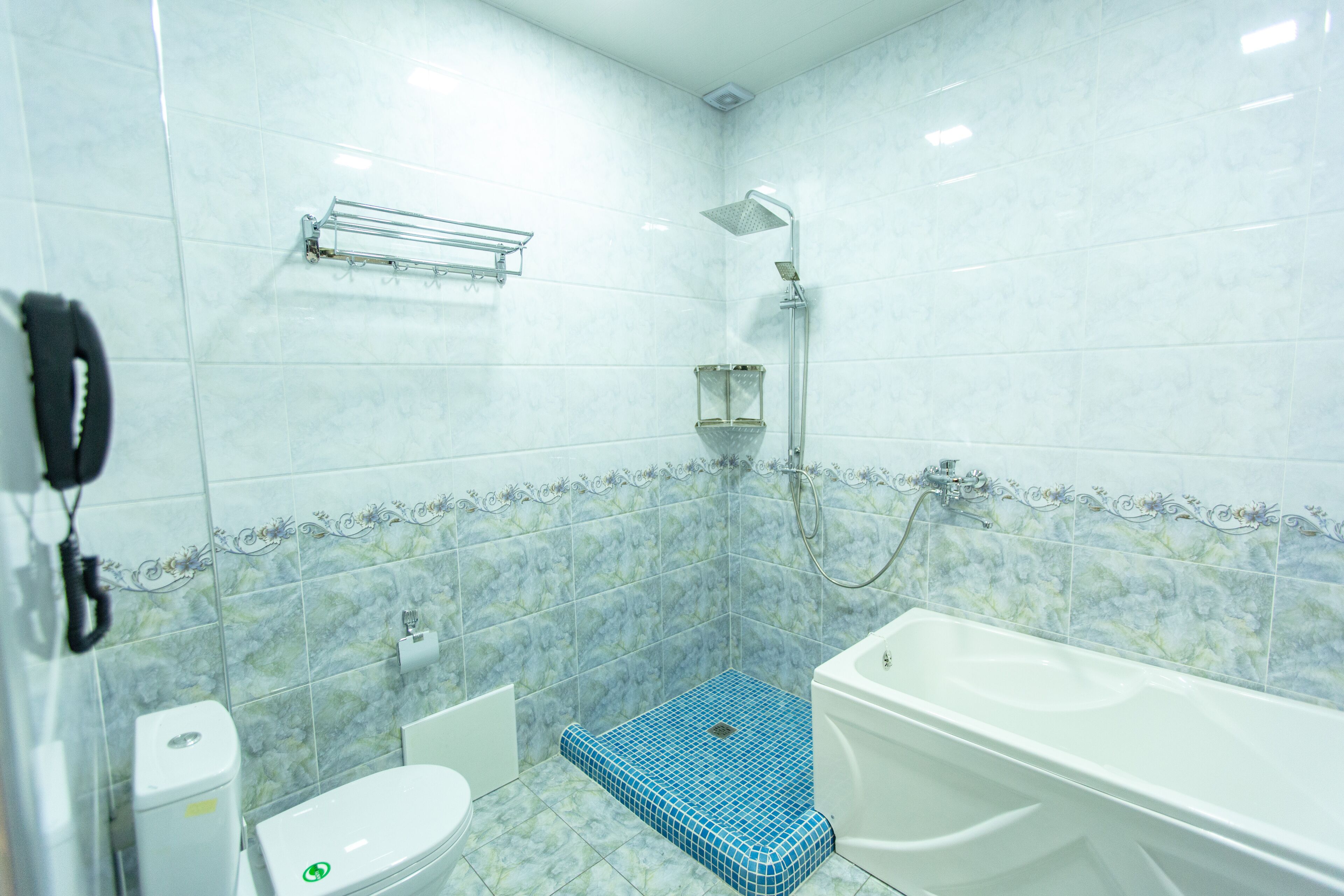 A bathroom with a white bathtub, a shower, and a toilet.