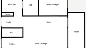 A hotel layout with a balcony, a dining area, a kitchen, a WC, an entrance, a SDB, and two coin boxes. - 3* Apartment, sleeps 6, pets allowed, garage, mountain view (La Clusaz)