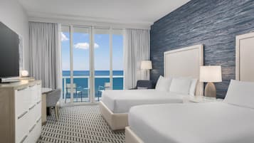 Room, 2 Queen Beds, Balcony, Oceanfront | Hypo-allergenic bedding available, in-room safe, desk, laptop workspace