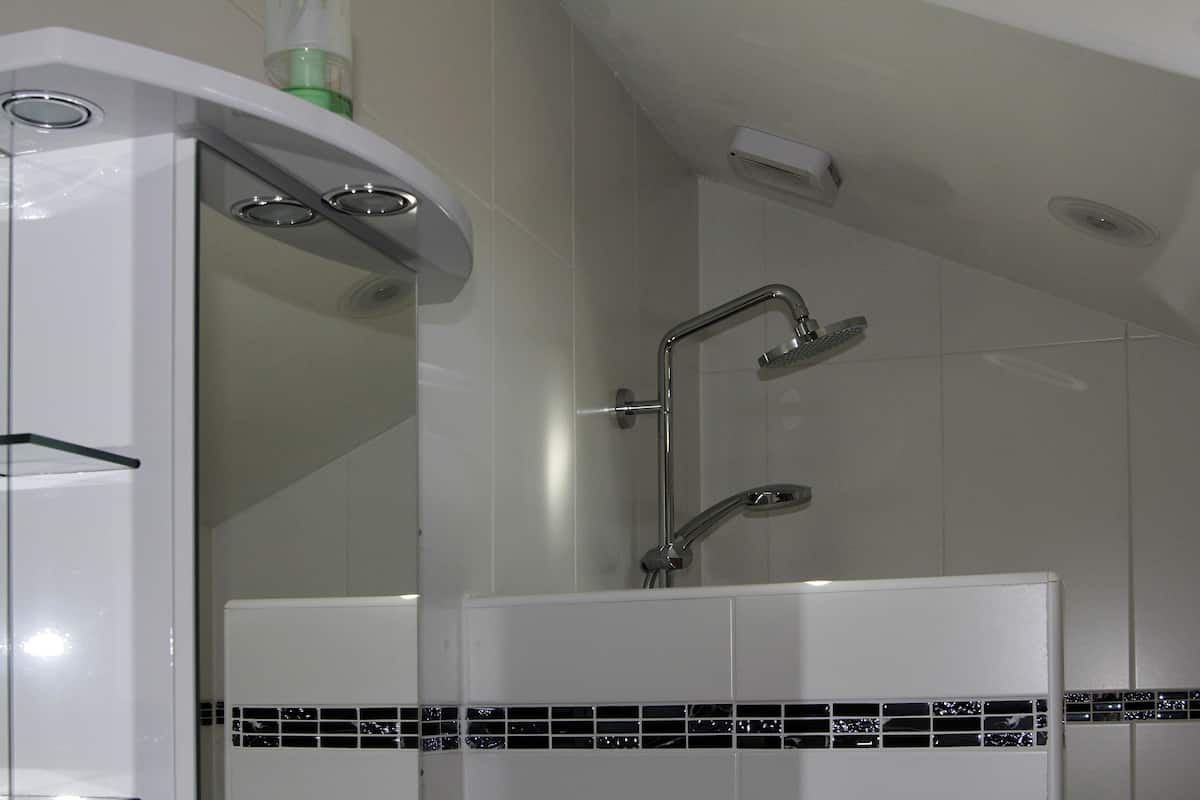 Deluxe Penthouse (Penthaus) | Bathroom | Shower, rainfall showerhead, hair dryer, slippers