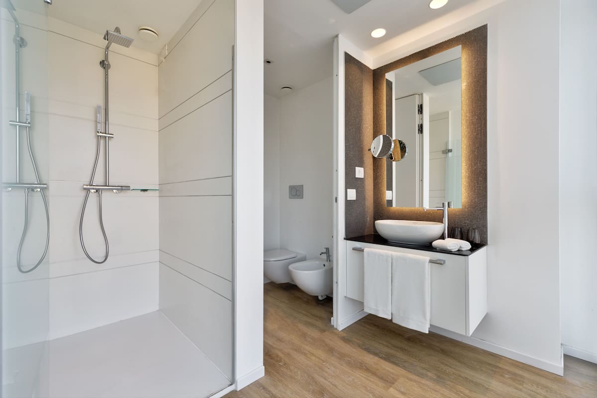 shower, hair dryer, bidet, towels