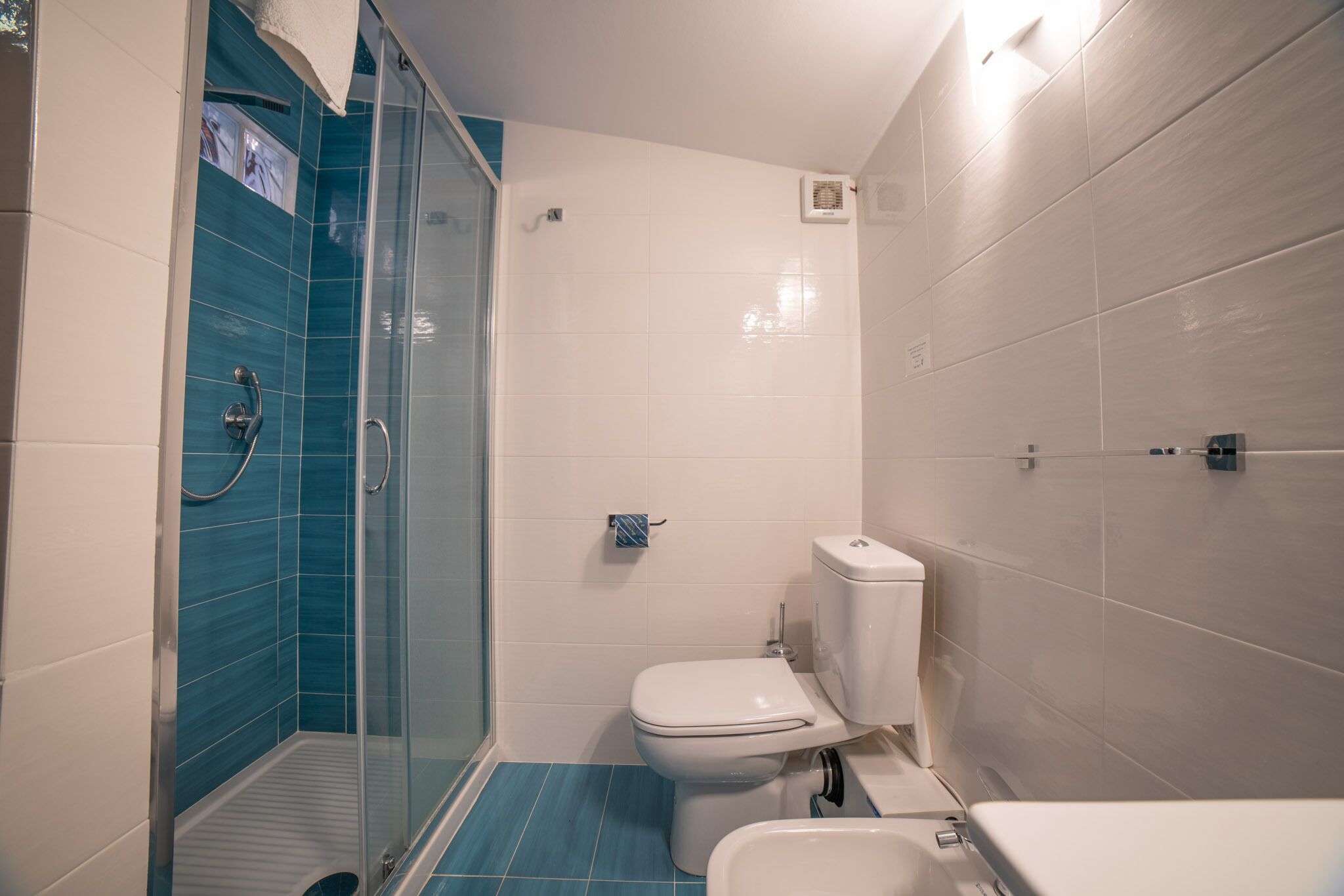 Een badkamer met een douchecabine van glas, een toilet en een wastafel.