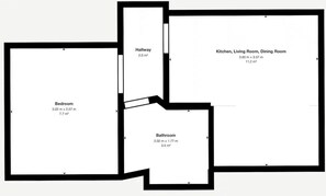 A floor plan with a bedroom (7.7 m²), a bathroom (3.5 m²), a hallway (2.0 m²), and a combined kitchen, living room, and dining room area (11.2 m²).