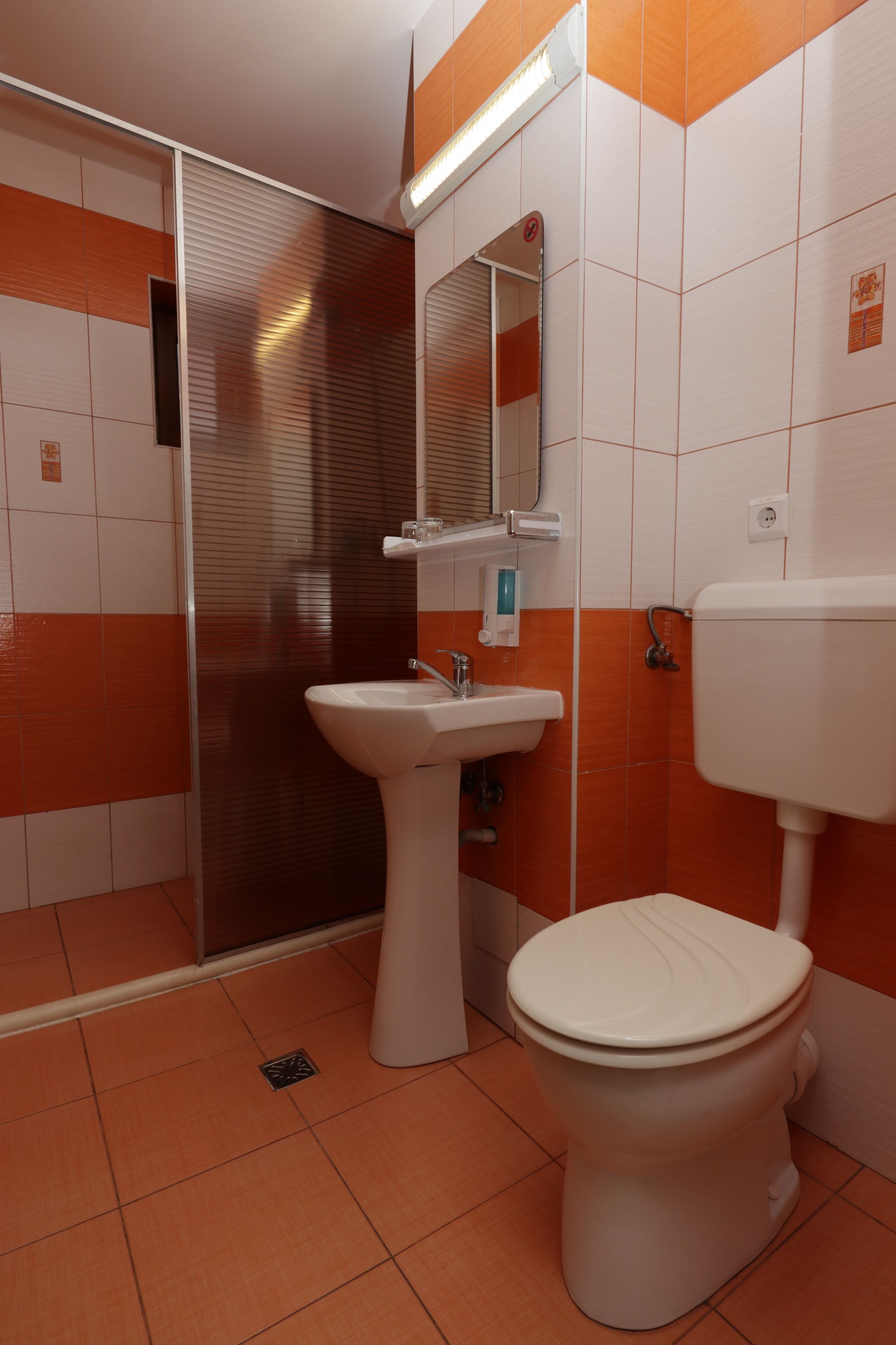 Shower, towels, soap, toilet paper
