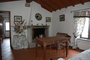 A cozy room with a fireplace, wooden furniture, and floral decorations. - Three-room apartment with breathtaking view 10 minutes from the 5 Terre, free Wi (La Spezia)