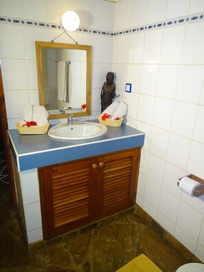 Douche, serviettes fournies, papier de toilette