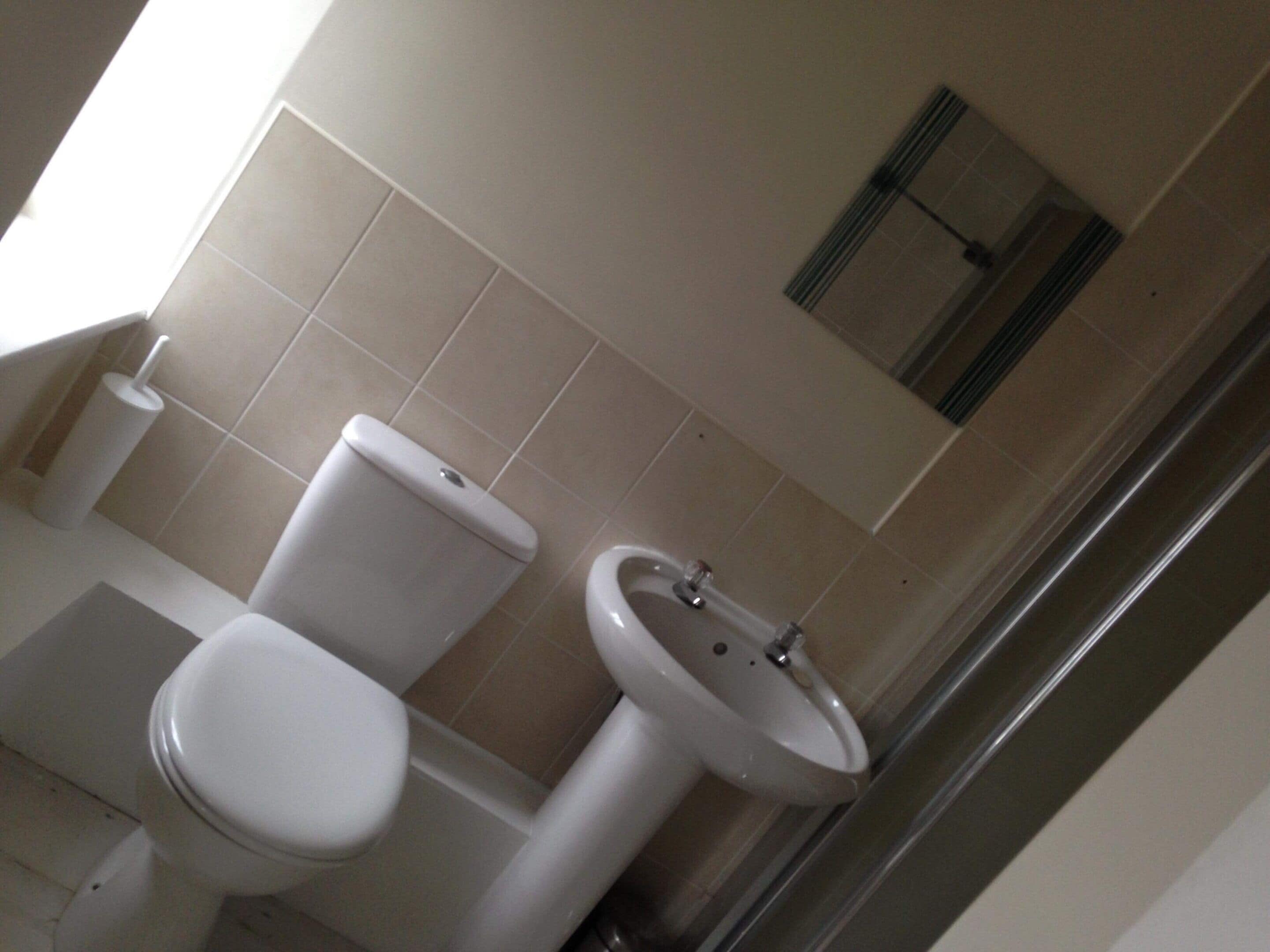 Un baño con inodoro, lavamanos y espejo en la pared.
