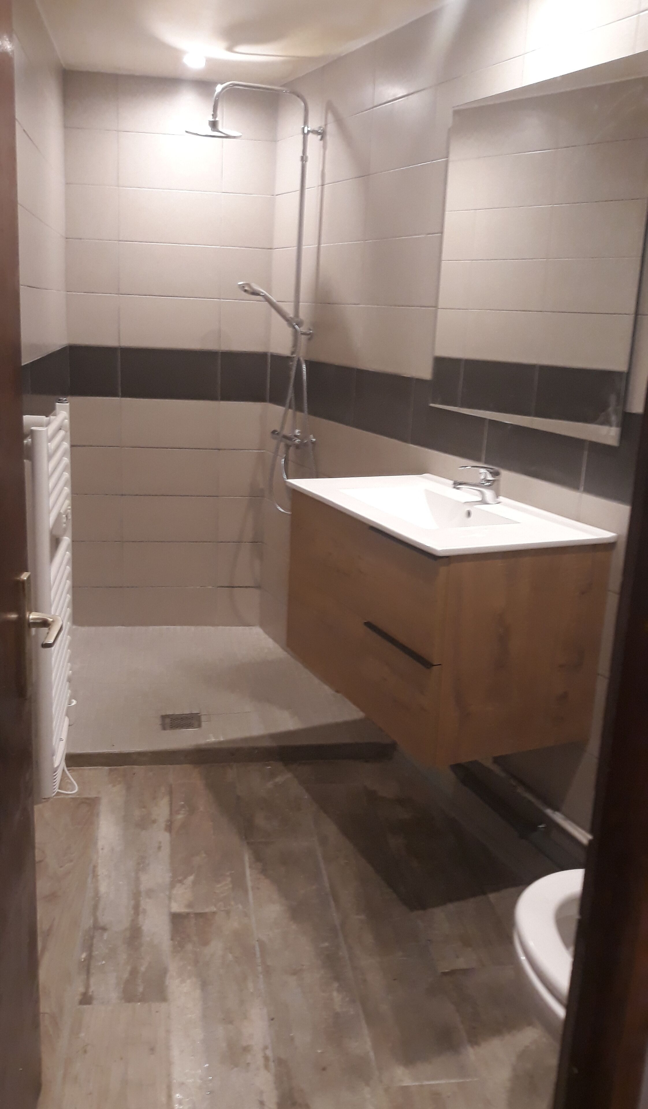 A bathroom with a shower, a sink, and a toilet.