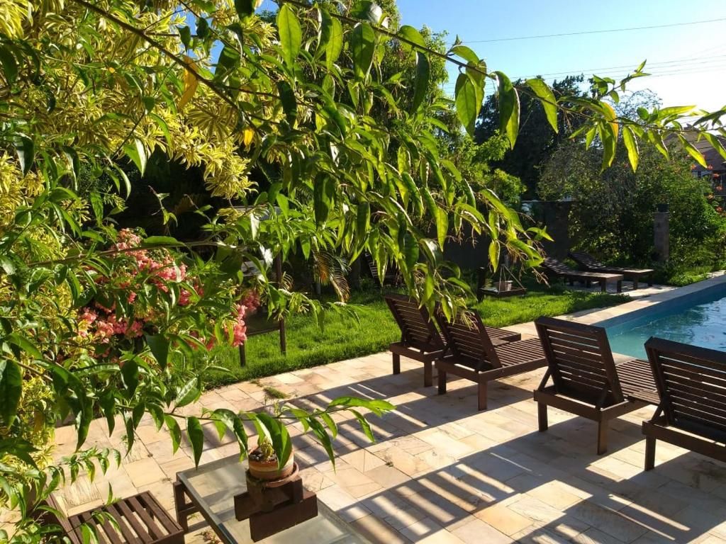 An outdoor patio with a pool, surrounded by lush greenery and a clear sky.