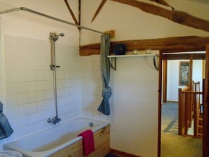 Combined shower/tub, hair dryer, towels, toilet paper