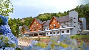 A large, multi-story hotel with a modern architectural design, featuring a mix of wooden and concrete elements, and surrounded by lush greenery. - Sky Palace Hotel (Gramado)