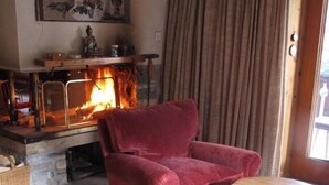 A cozy living room with a fireplace, a red armchair, and a dog lying on a floral rug. - B&B Arche de Noé (Bagnes)