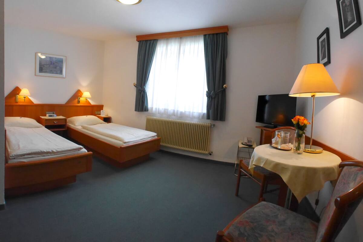 Habitación de hotel con dos camas individuales, una mesita con lámpara, televisión y radiador.