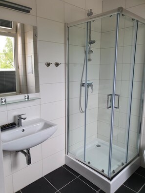 A modern bathroom with a glass-enclosed shower, a white sink, and a mirror above the sink.