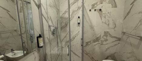 A modern bathroom with a glass-enclosed shower, a large sink, and a bidet.