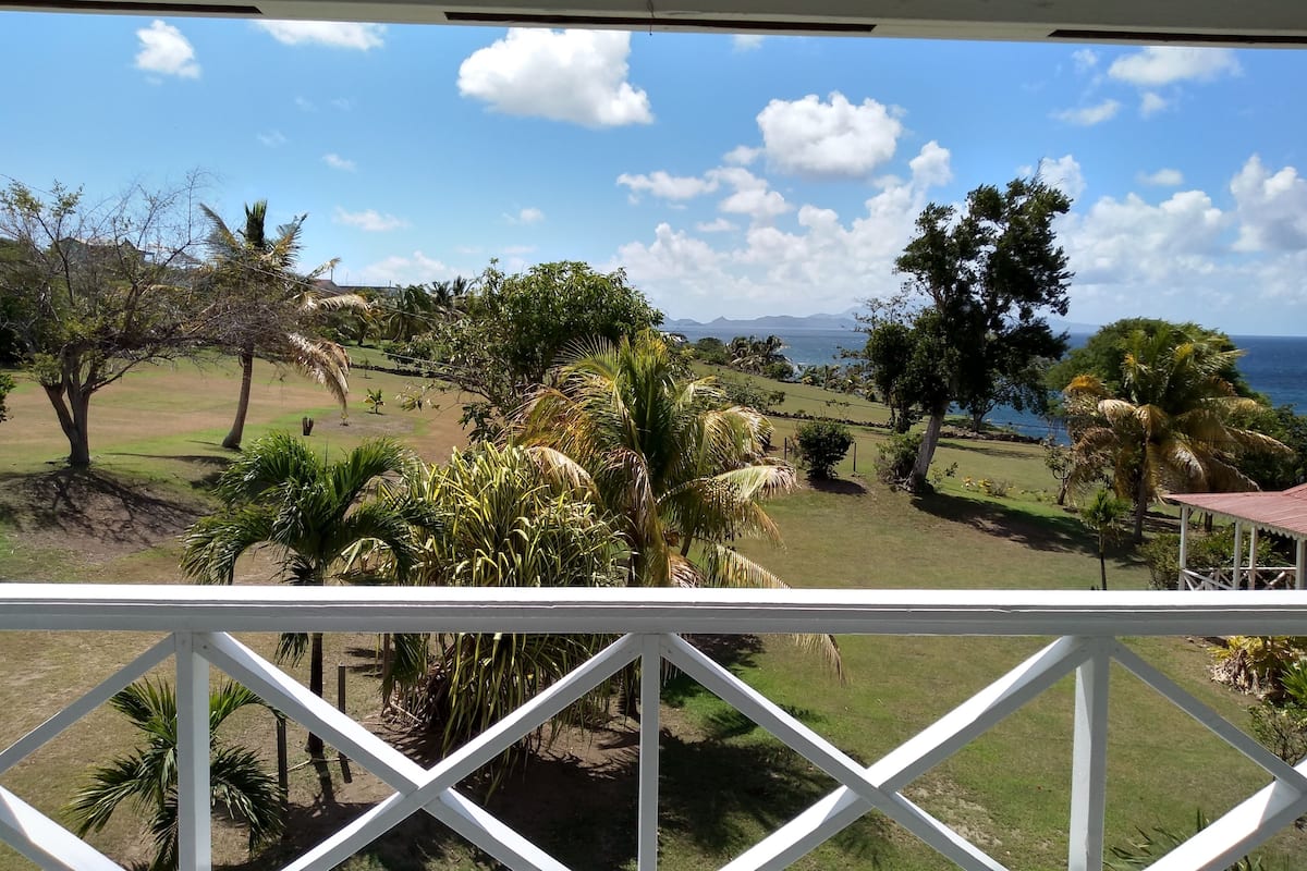 A view from a balcony with a railing, overlooking a grassy area with trees and a body of water in the distance.