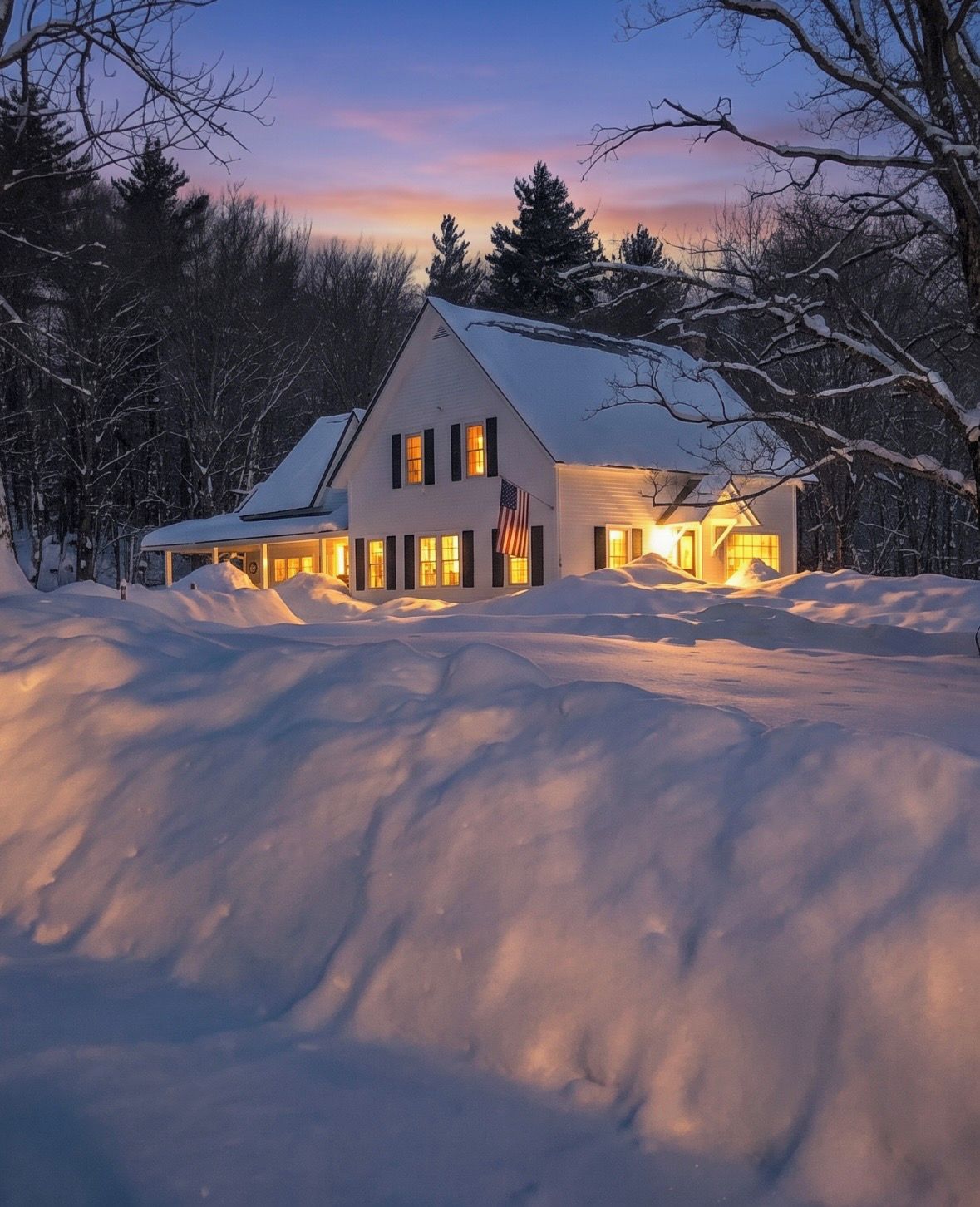 A two-story house with a snow-covered roof, surrounded by trees and a snowy landscape.
