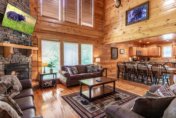 Smart TV, fireplace, video games, DVD player